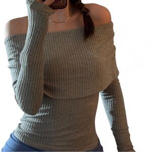 Urban Outfitters Off-Shoulder Ribbed Sweater - Gray
